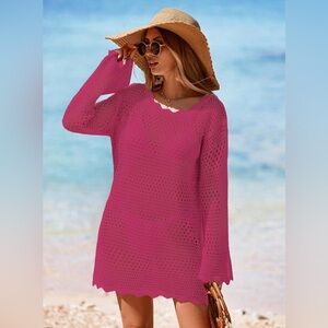 Long Sleeve Mesh Knit Bathing Suit Swim Coverups Mini Dress